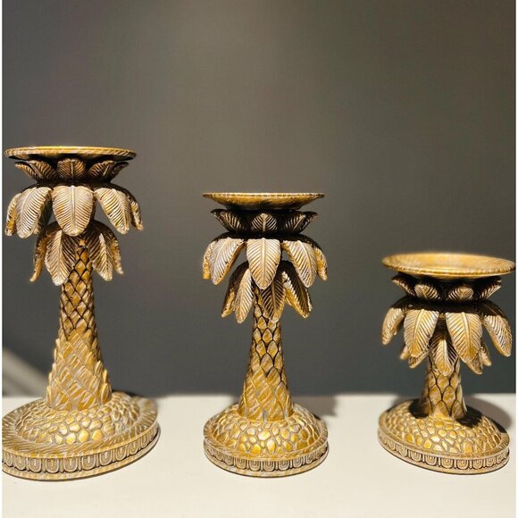 Set of 3 Gold Palm Tree Candlesticks | Coastal Glam |Hollywood Regency Decor - Picture 1 of 8